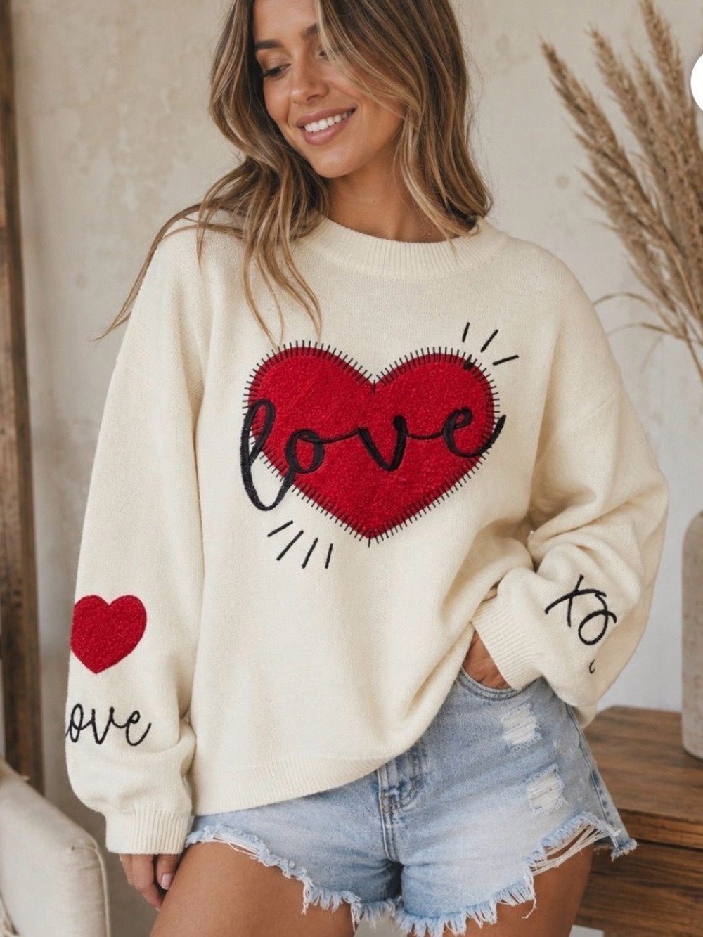 Cream Sweater with Red Heart "Love" Design by Mello